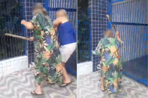 Tutora agride cadela a pauladas em frente a escola no litoral de SP; VÍDEO