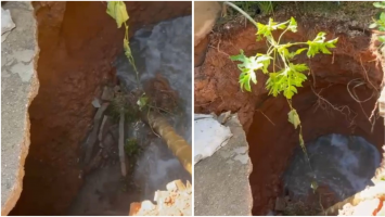 Cratera expõe vazamento de esgoto em quintal de casa em Itu; morador reclama de demora no reparo